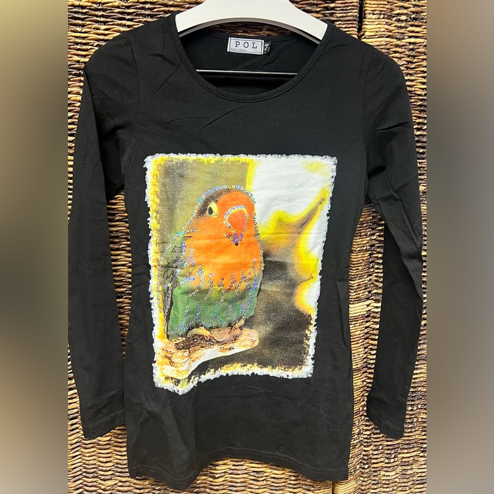POL Black Long Sleeve Top with Bird Design-Small